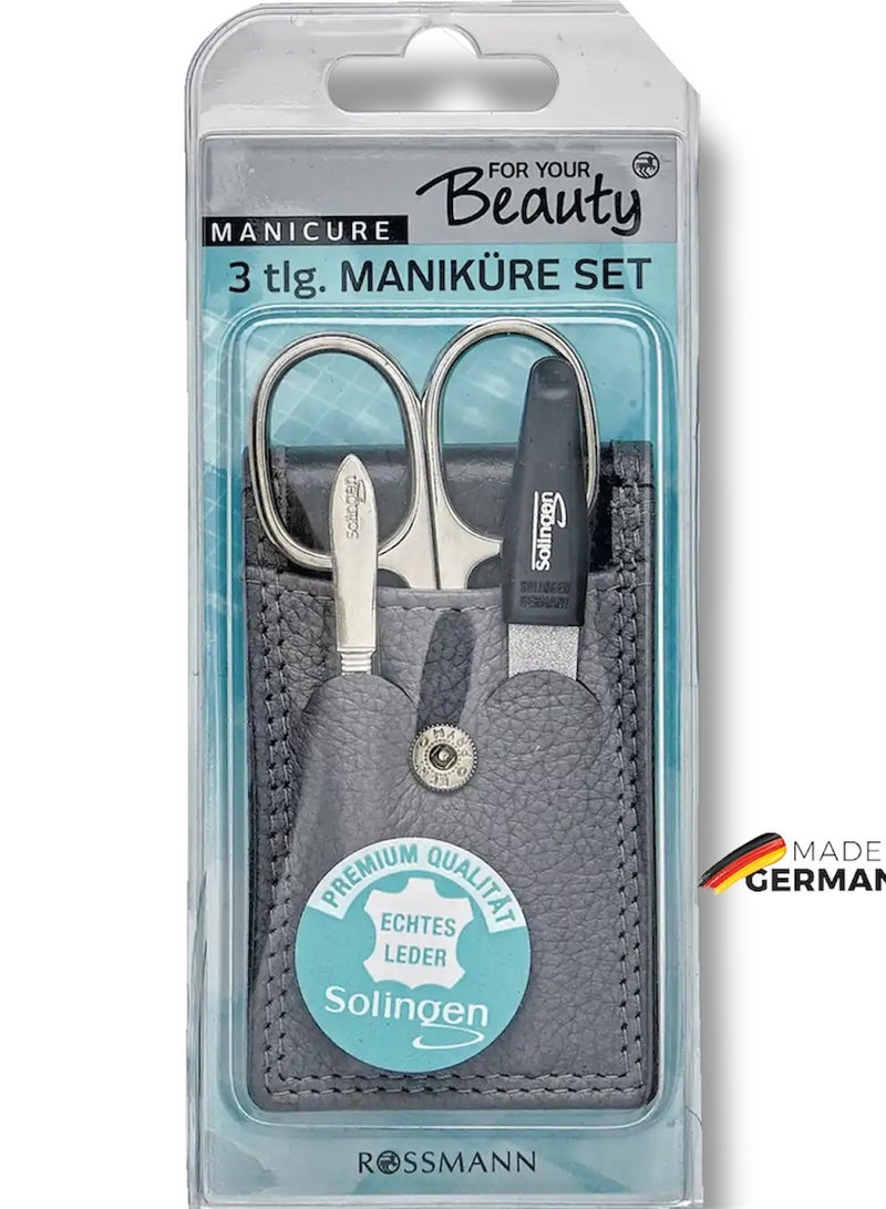 Rossmann 3-Piece Manicure Set with Leather Case, Scissors, Sapphire File & Tweezers (German Brand) - Image 1